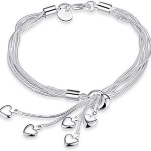 925 Sterling Silver Five-Line Chain with Five-Heart Bracelet Bangle